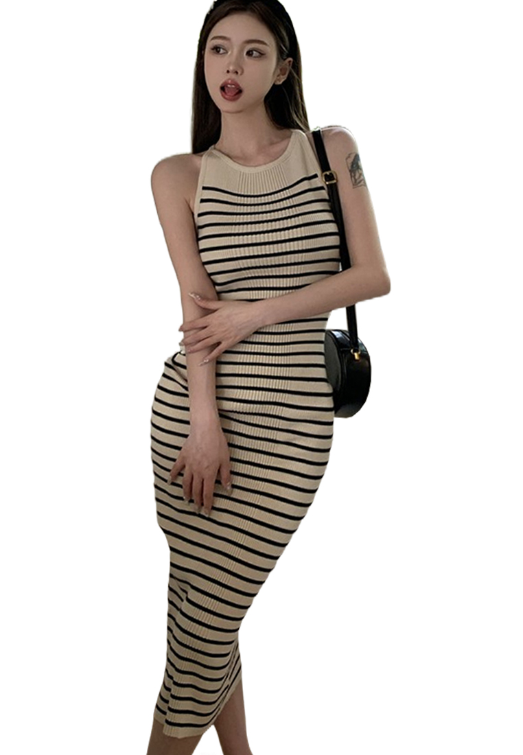 Summer striped sleeveless knitted slit backless long dress CA24050619