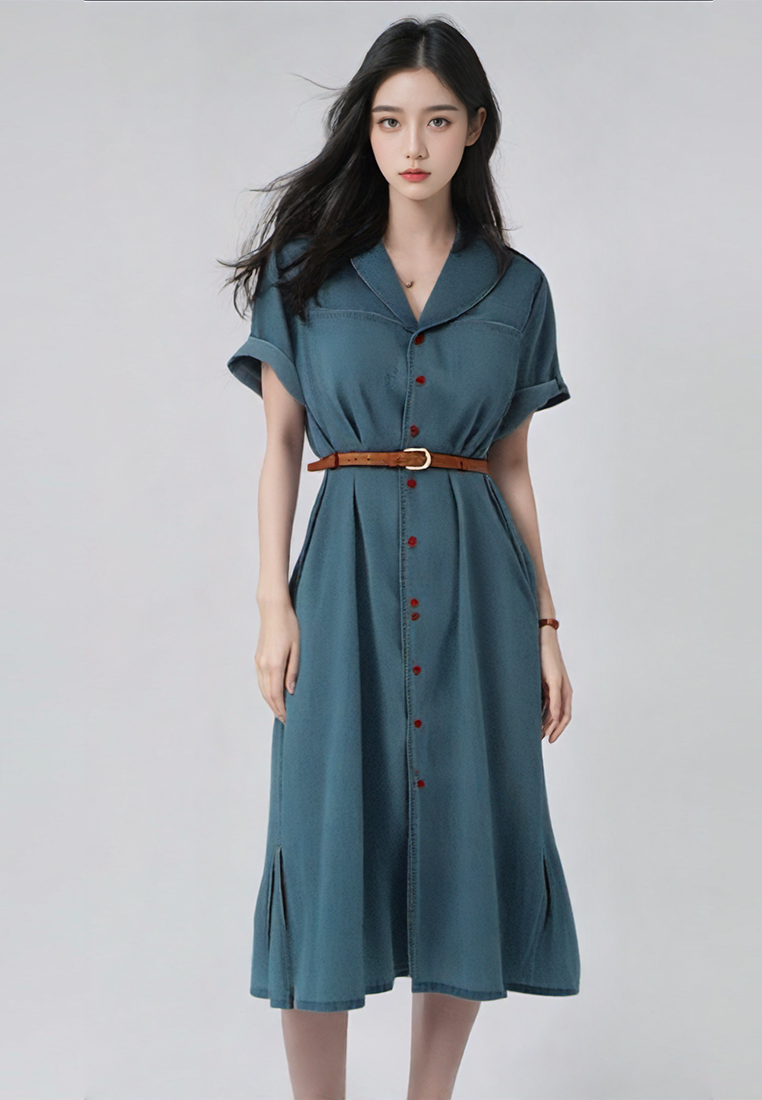 Retro style waist cinched short sleeved denim dress CA25032719LGBL