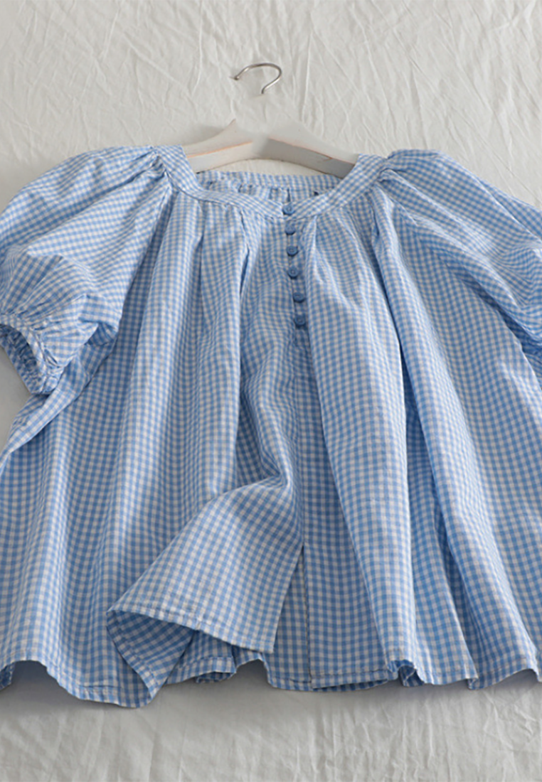 Japanese plaid cotton and linen round neck short-sleeved shirt CA25070919BL