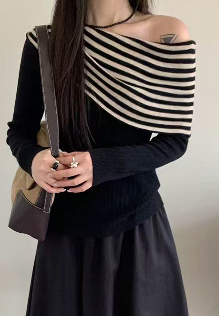 Autumn Striped Boat Neck Long Sleeve Knitted Sweater CA25091519BK