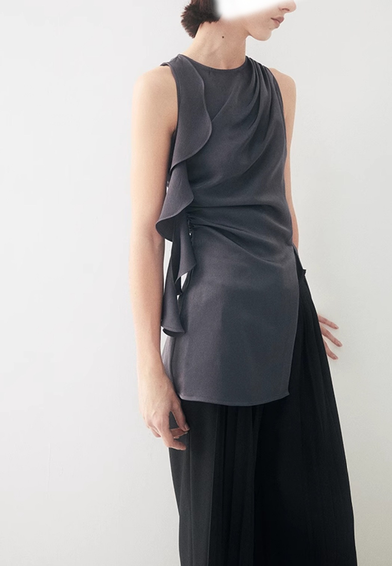 2025 Summer New Style Ruffle Vest Double-faced Satin CA25032719GY