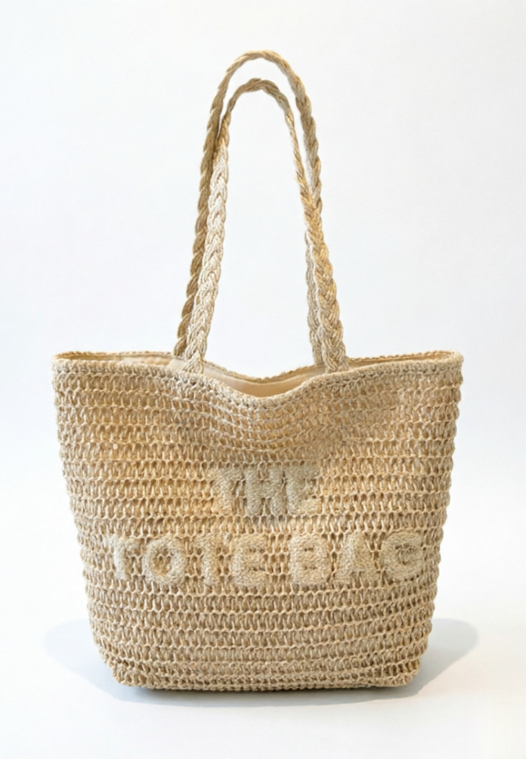 French Resort Style Woven Straw Tote Bag with Embroidered Lettering K26051903