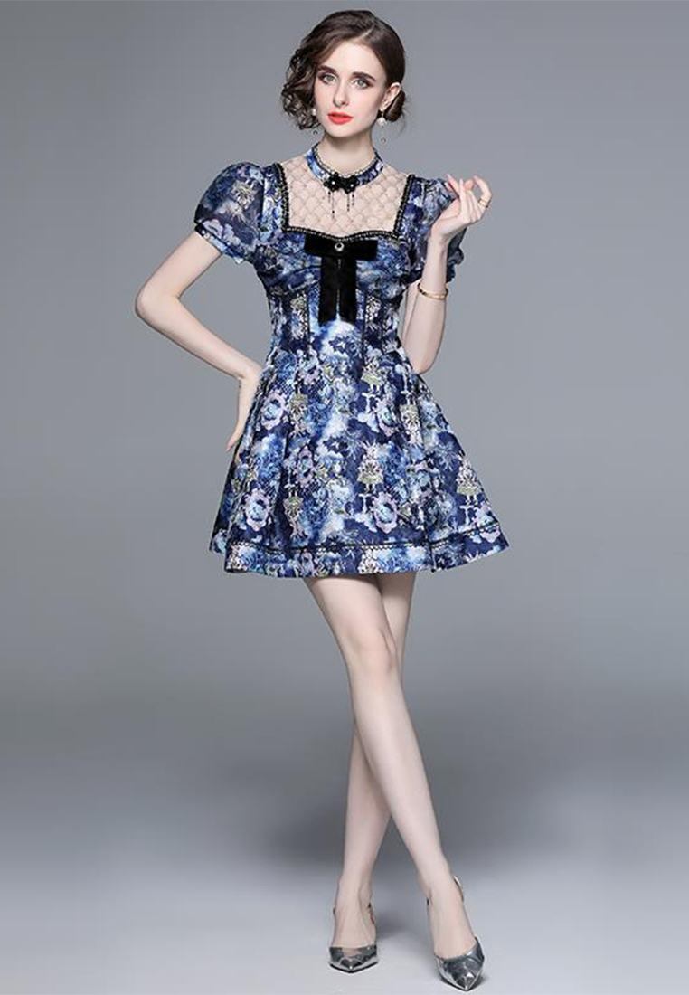 Elegant Puff Sleeve Button Decorated Bow Dress A110619
