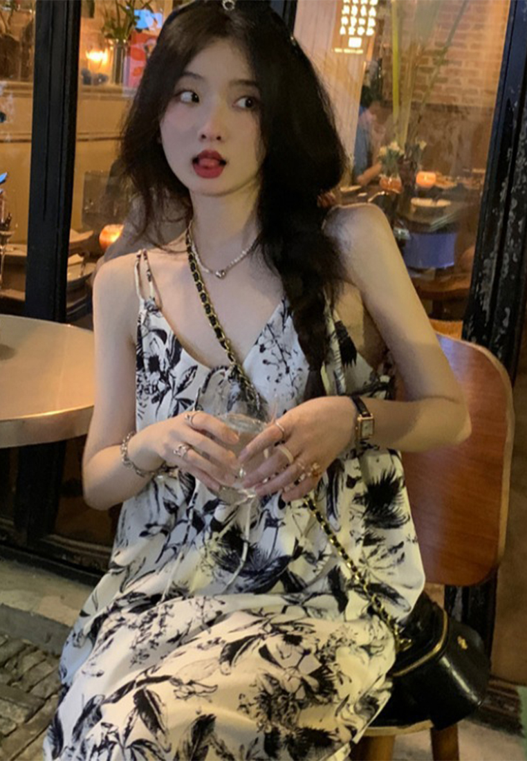 French V-neck printed slip dress CA24030719