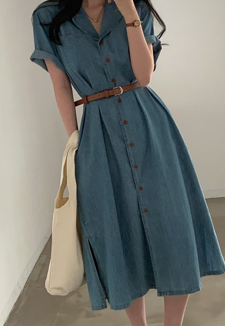 Retro style waist cinched short sleeved denim dress CA25032719LGBL