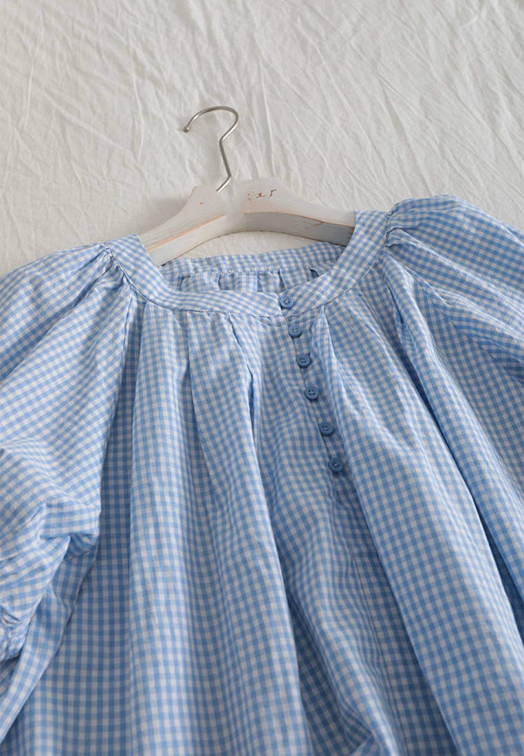 Japanese plaid cotton and linen round neck short-sleeved shirt CA25070919BL