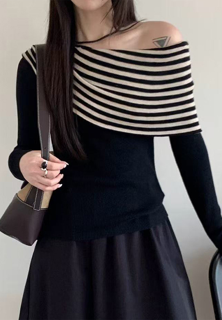 Autumn Striped Boat Neck Long Sleeve Knitted Sweater CA25091519BK