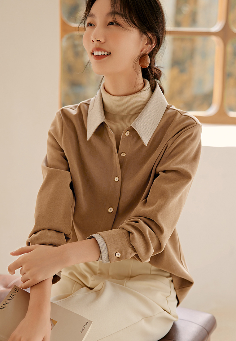 Autumn and winter elegant contrasting color thickened top shirt CA120419