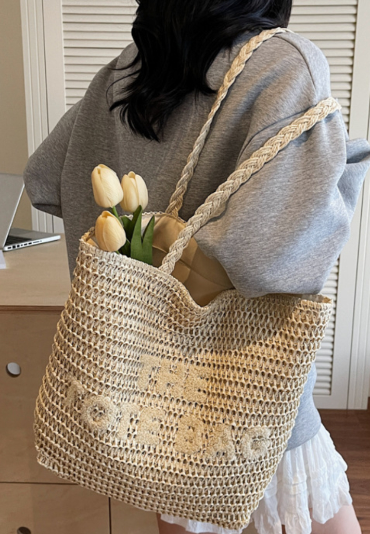 French Resort Style Woven Straw Tote Bag with Embroidered Lettering K26051903