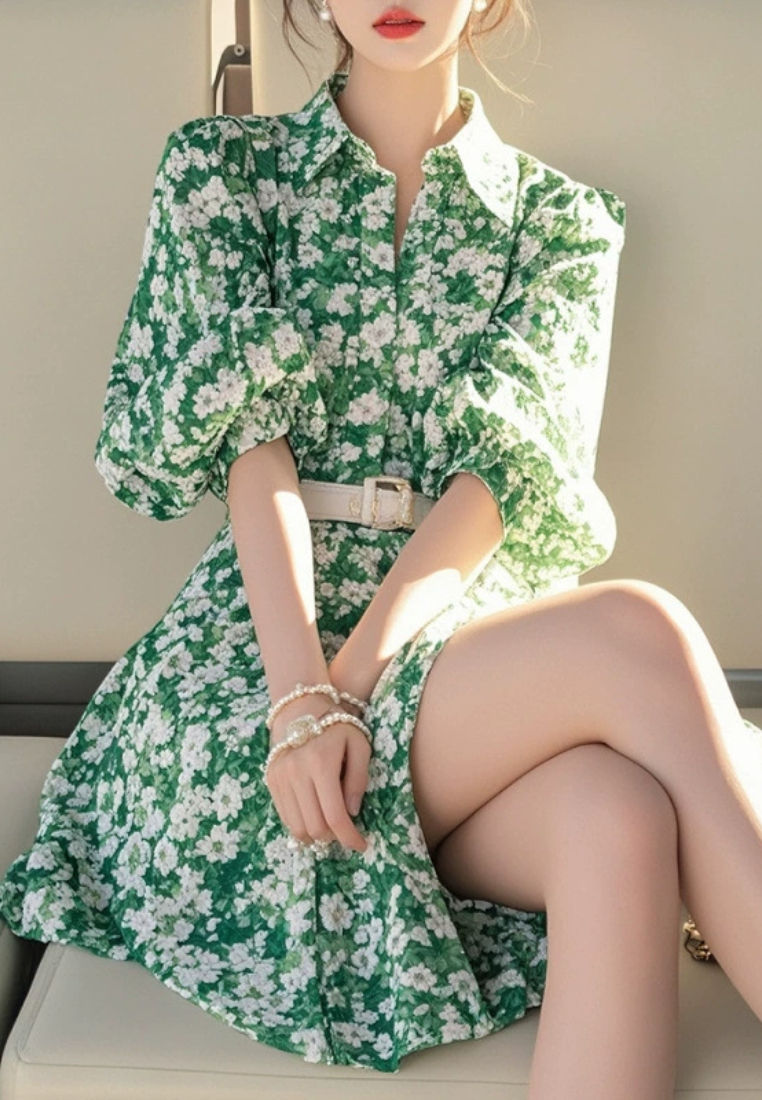 Elegant green floral long sleeved shirt dress CA25031919GR