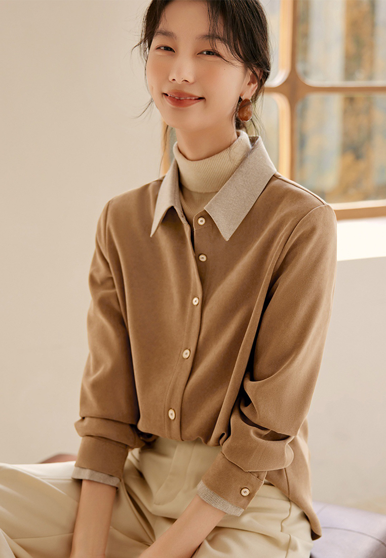 Autumn and winter elegant contrasting color thickened top shirt CA120419