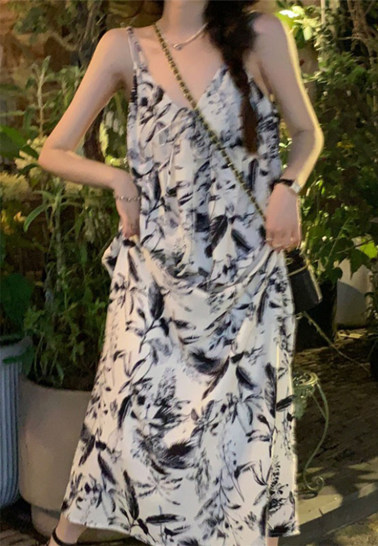 French V-neck printed slip dress CA24030719