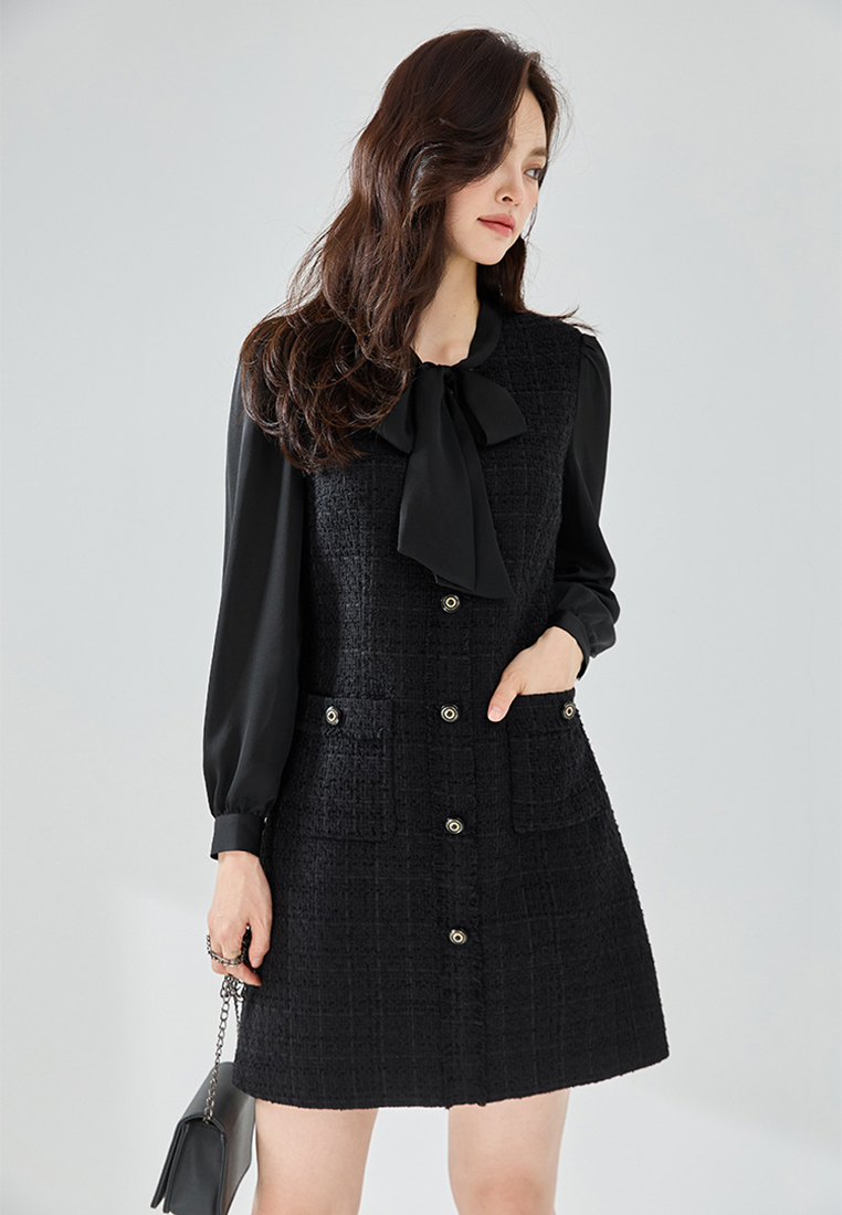 Autumn black waist cinched commuter dress with temperament CA24091119BK