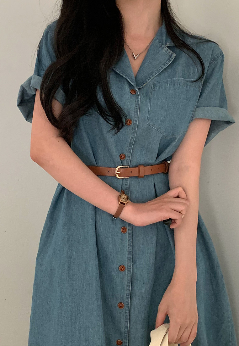 Retro style waist cinched short sleeved denim dress CA25032719LGBL