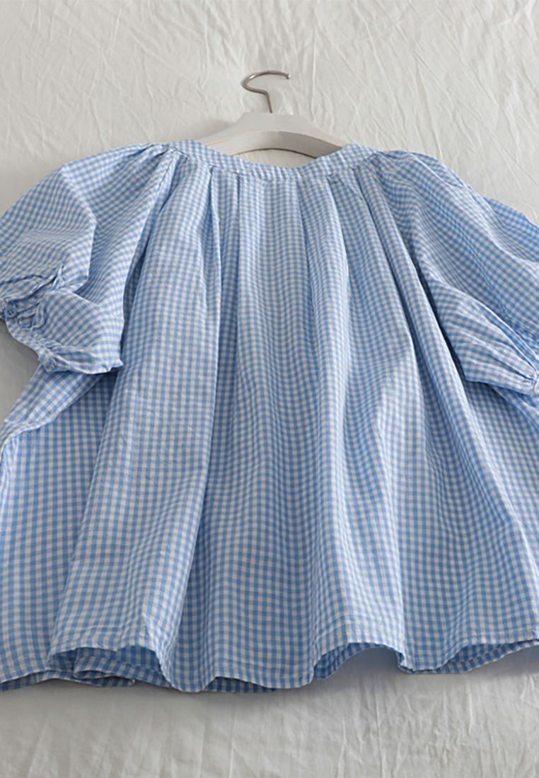 Japanese plaid cotton and linen round neck short-sleeved shirt CA25070919BL