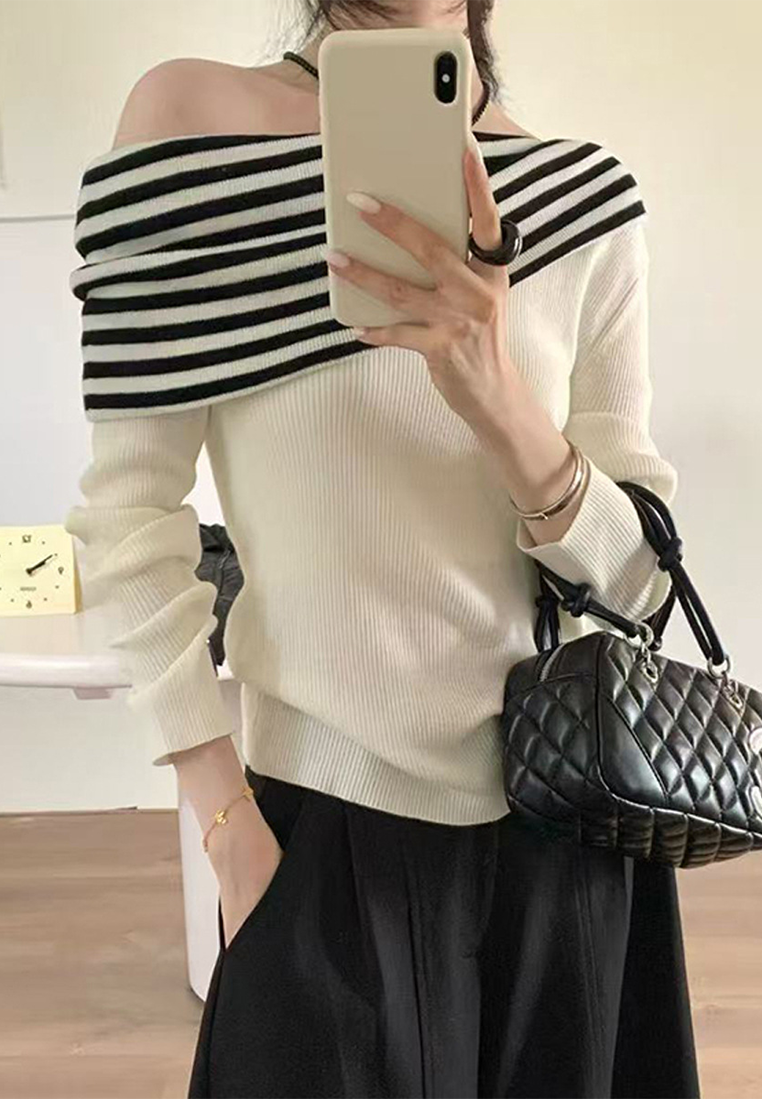 Autumn Striped Boat Neck Long Sleeve Knitted Sweater CA25091519BK