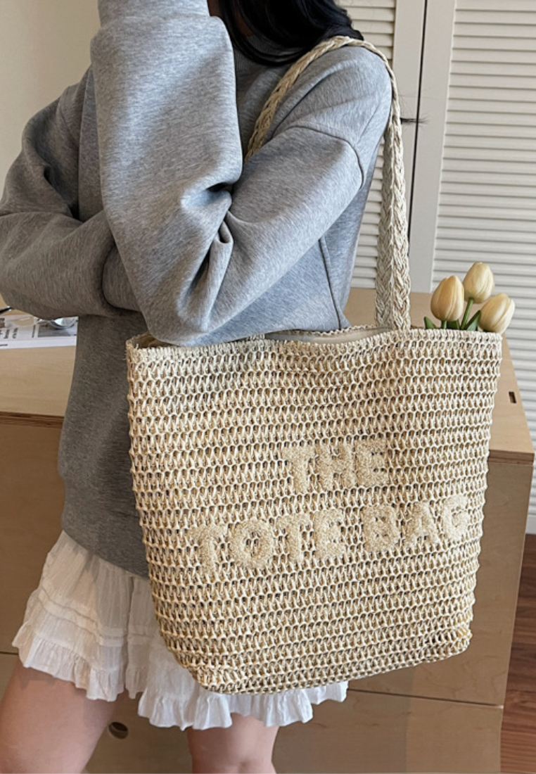 French Resort Style Woven Straw Tote Bag with Embroidered Lettering K26051903