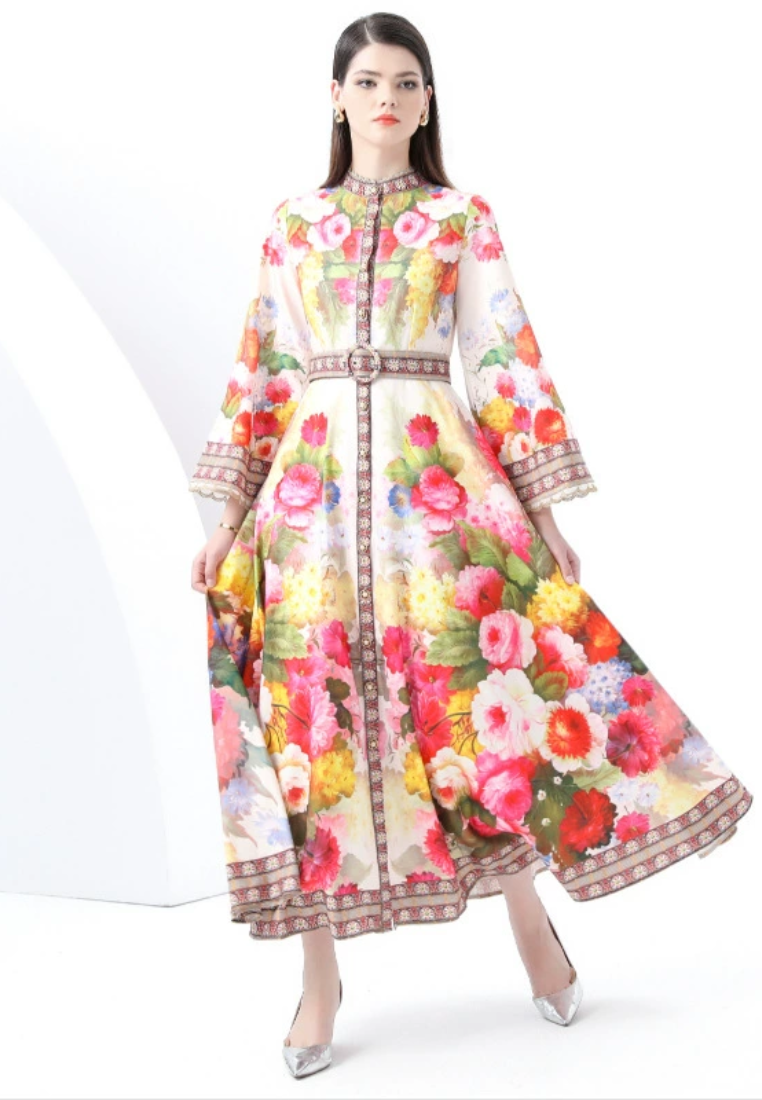 Spring collar single breasted printed dress CA25031219BE