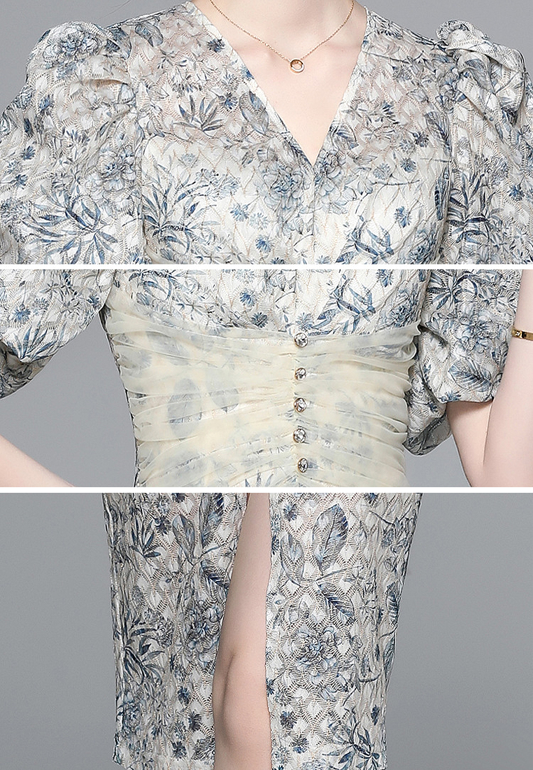 Temperament V-neck French luxury floral skirt A021919