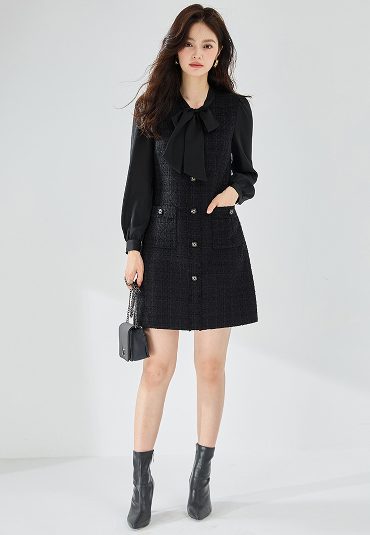 Autumn black waist cinched commuter dress with temperament CA24091119BK