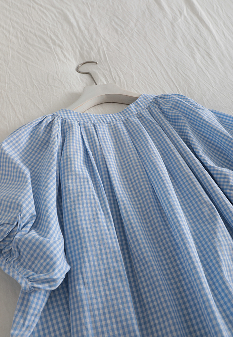 Japanese plaid cotton and linen round neck short-sleeved shirt CA25070919BL