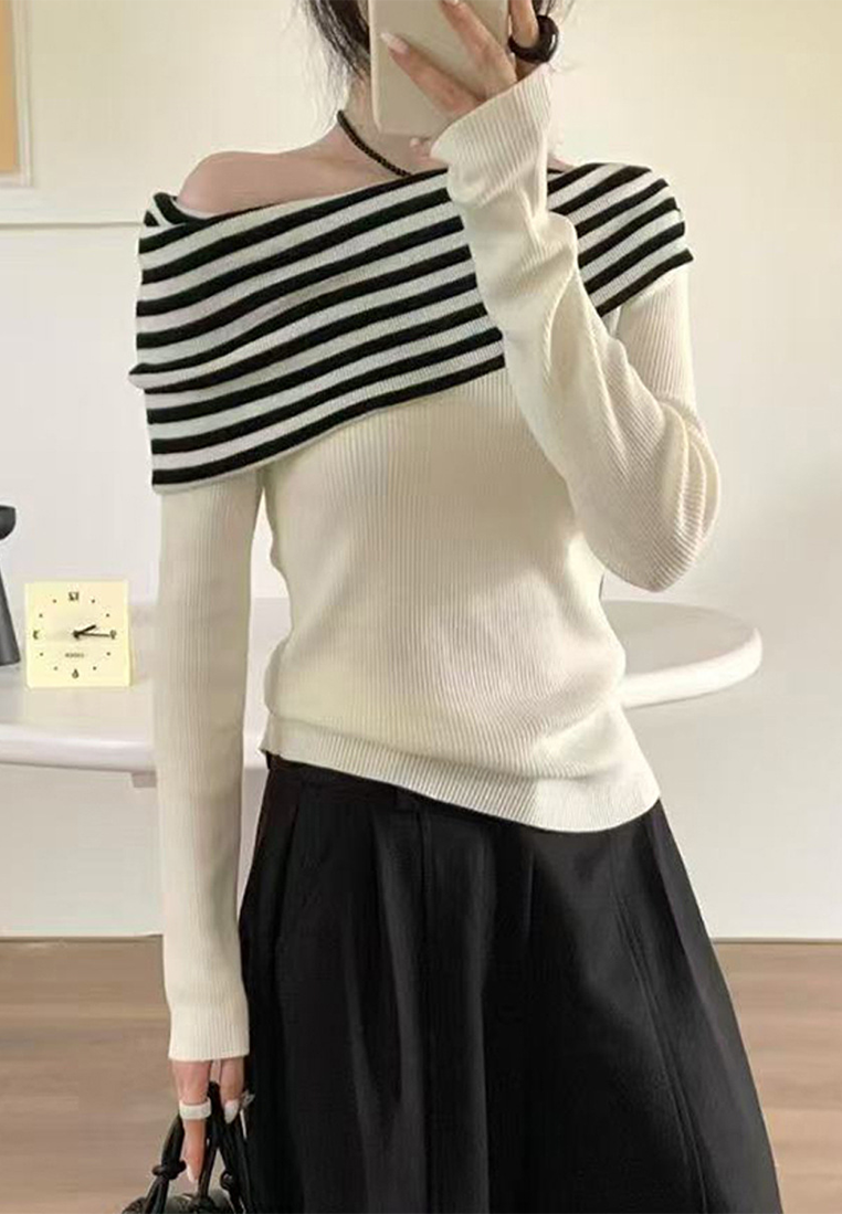 Autumn Striped Boat Neck Long Sleeve Knitted Sweater CA25091519BK