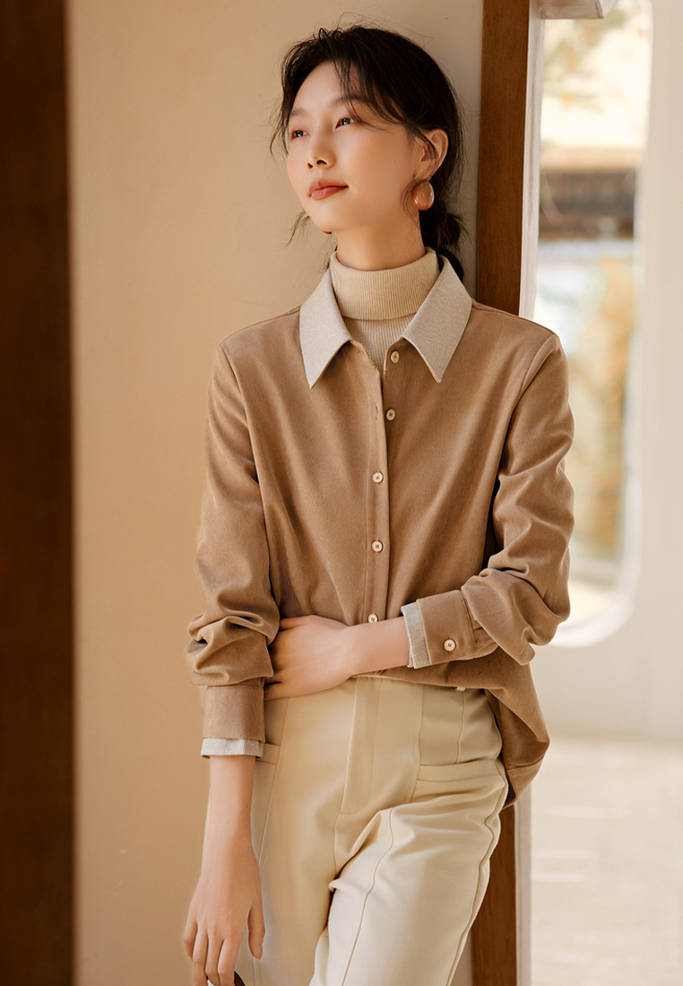 Autumn and winter elegant contrasting color thickened top shirt CA120419