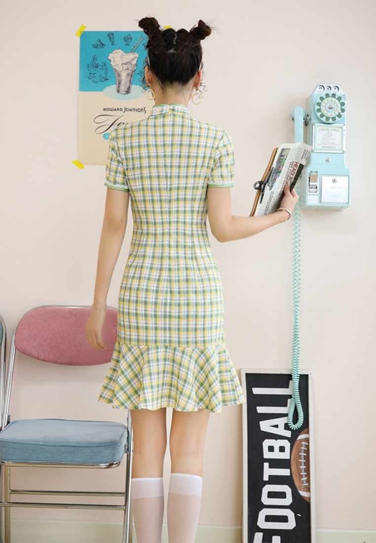 Fashionable and elegant plaid fresh cheongsam dress CA122719GR