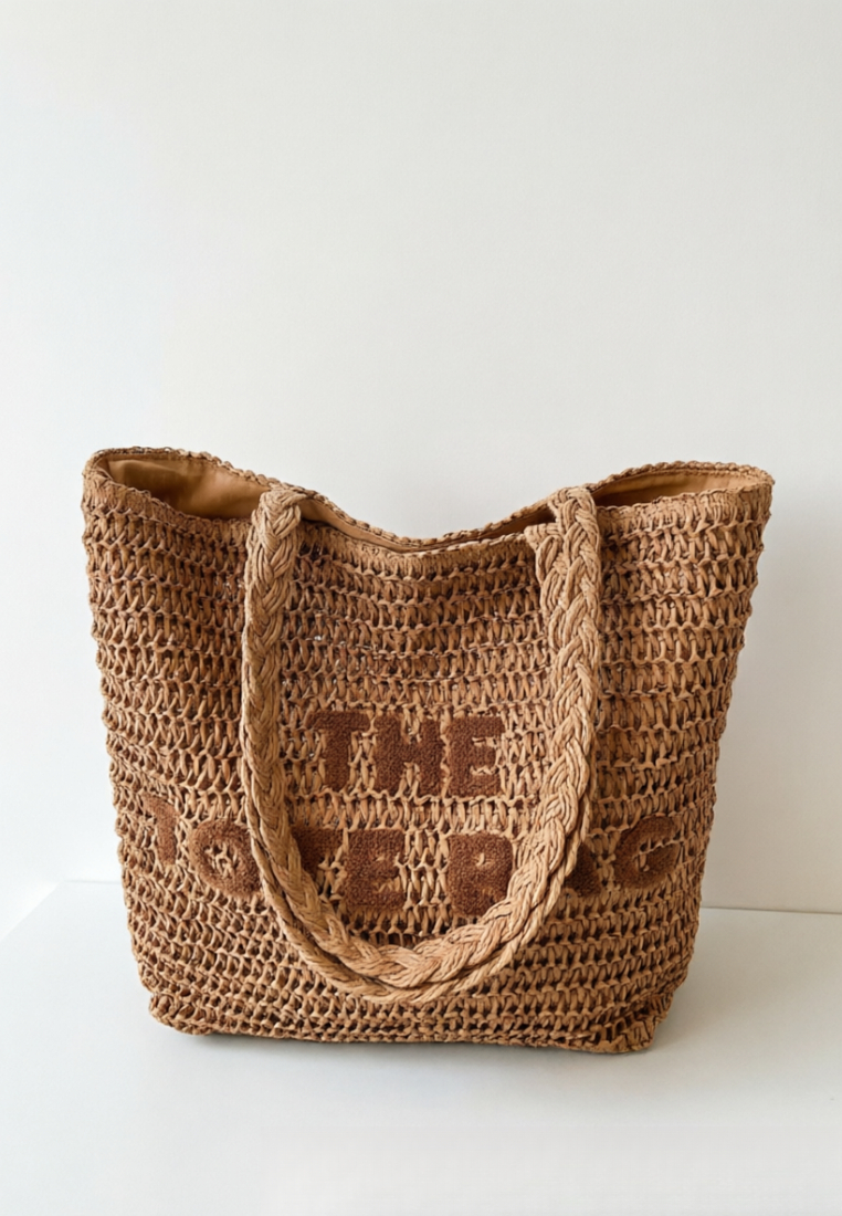 French Resort Style Woven Straw Tote Bag with Embroidered Lettering K26051903