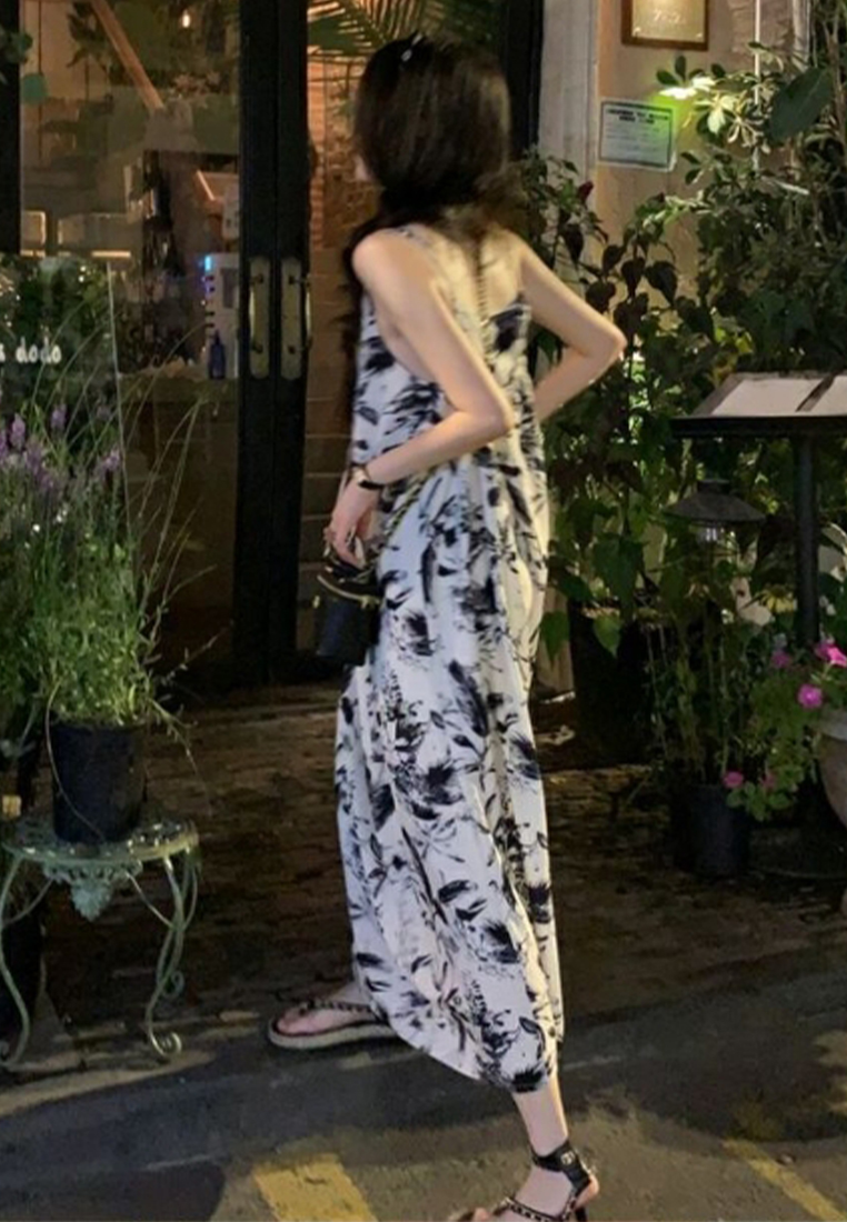 French V-neck printed slip dress CA24030719