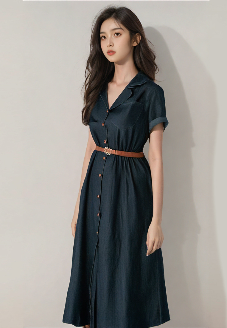 Retro style waist cinched short sleeved denim dress CA25032719LGBL
