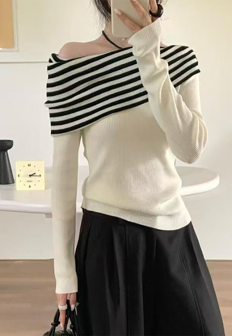 Autumn Striped Boat Neck Long Sleeve Knitted Sweater CA25091519BK