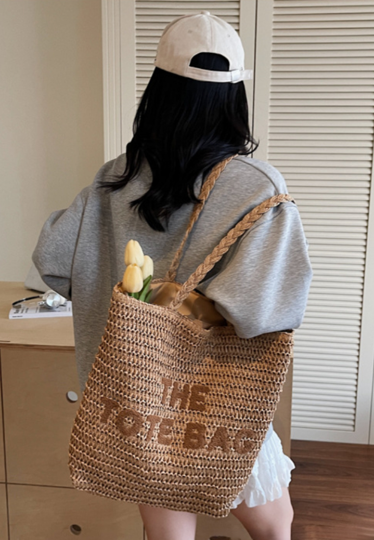French Resort Style Woven Straw Tote Bag with Embroidered Lettering K26051903