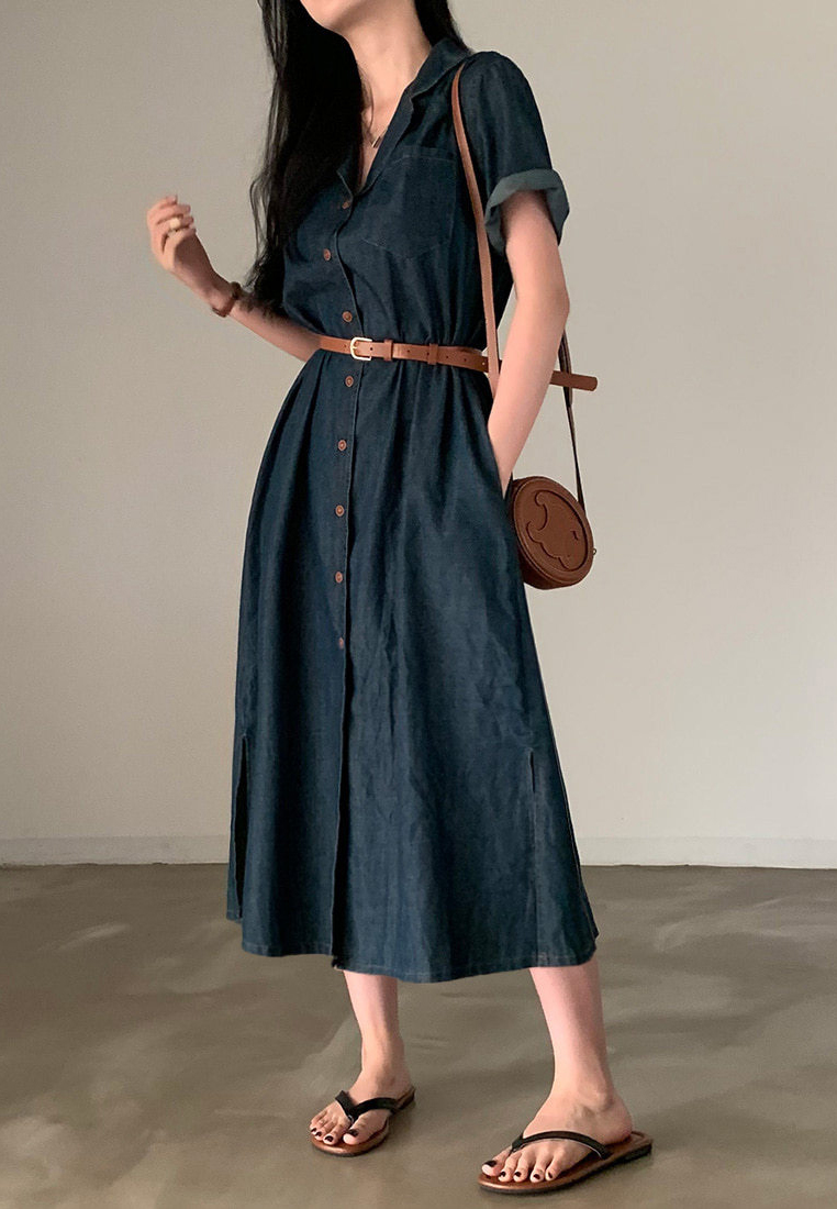 Retro style waist cinched short sleeved denim dress CA25032719LGBL
