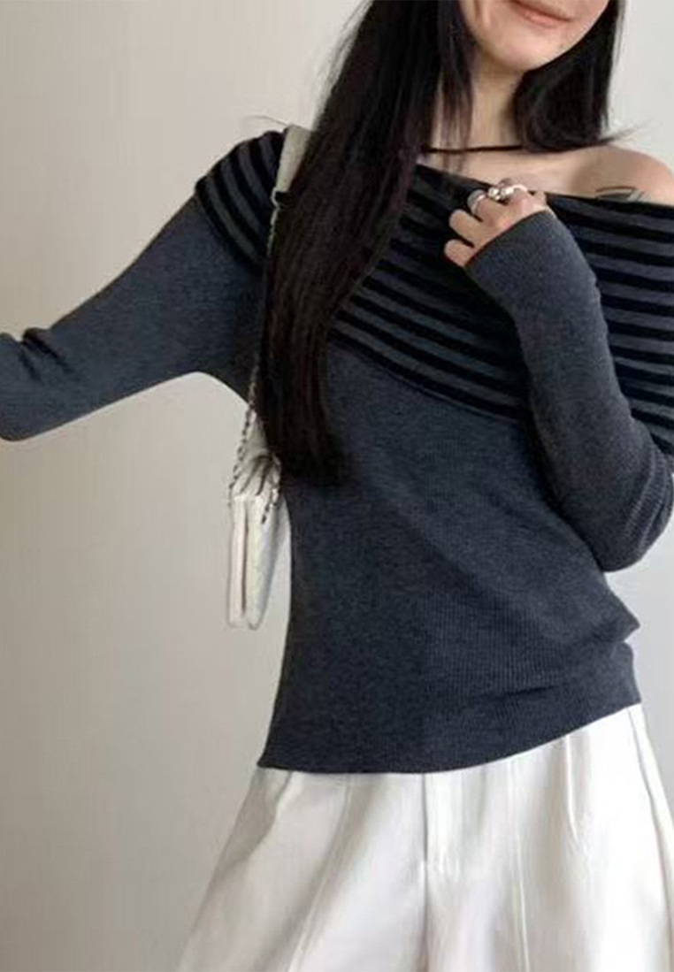 Autumn Striped Boat Neck Long Sleeve Knitted Sweater CA25091519BK