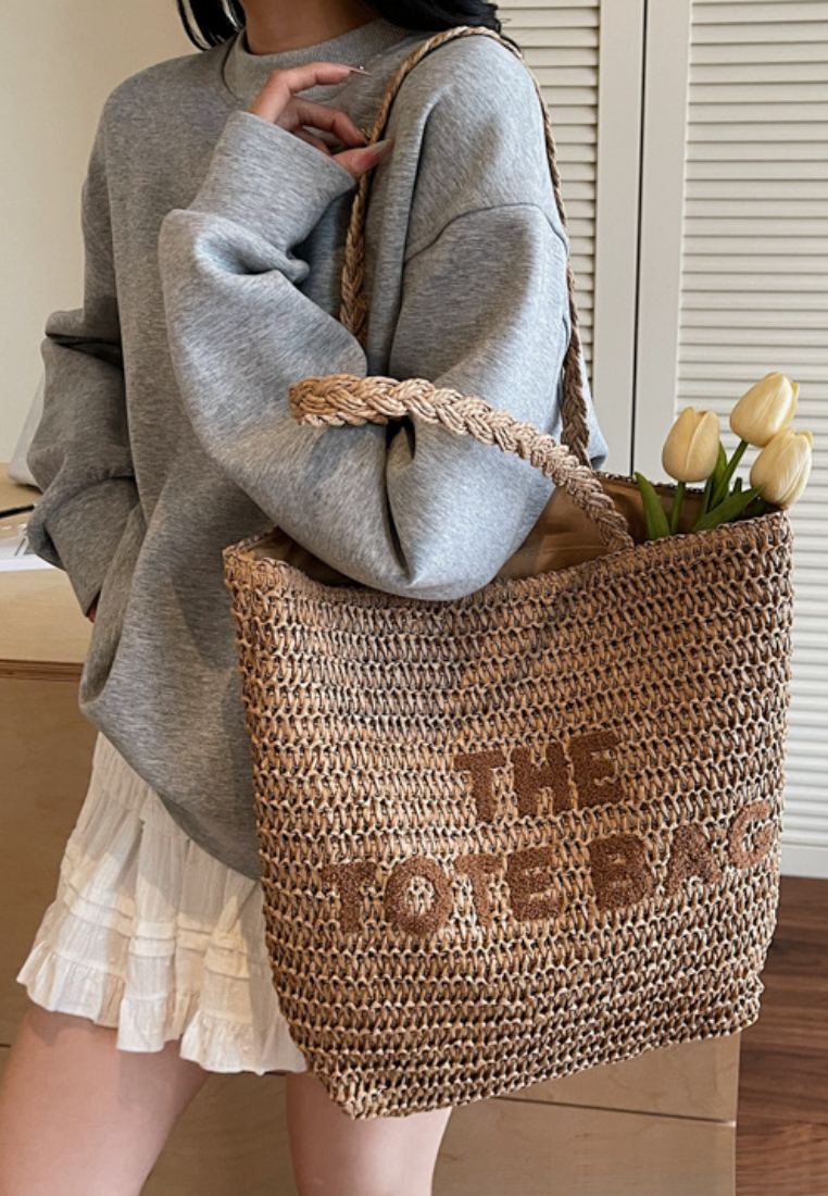 French Resort Style Woven Straw Tote Bag with Embroidered Lettering K26051903