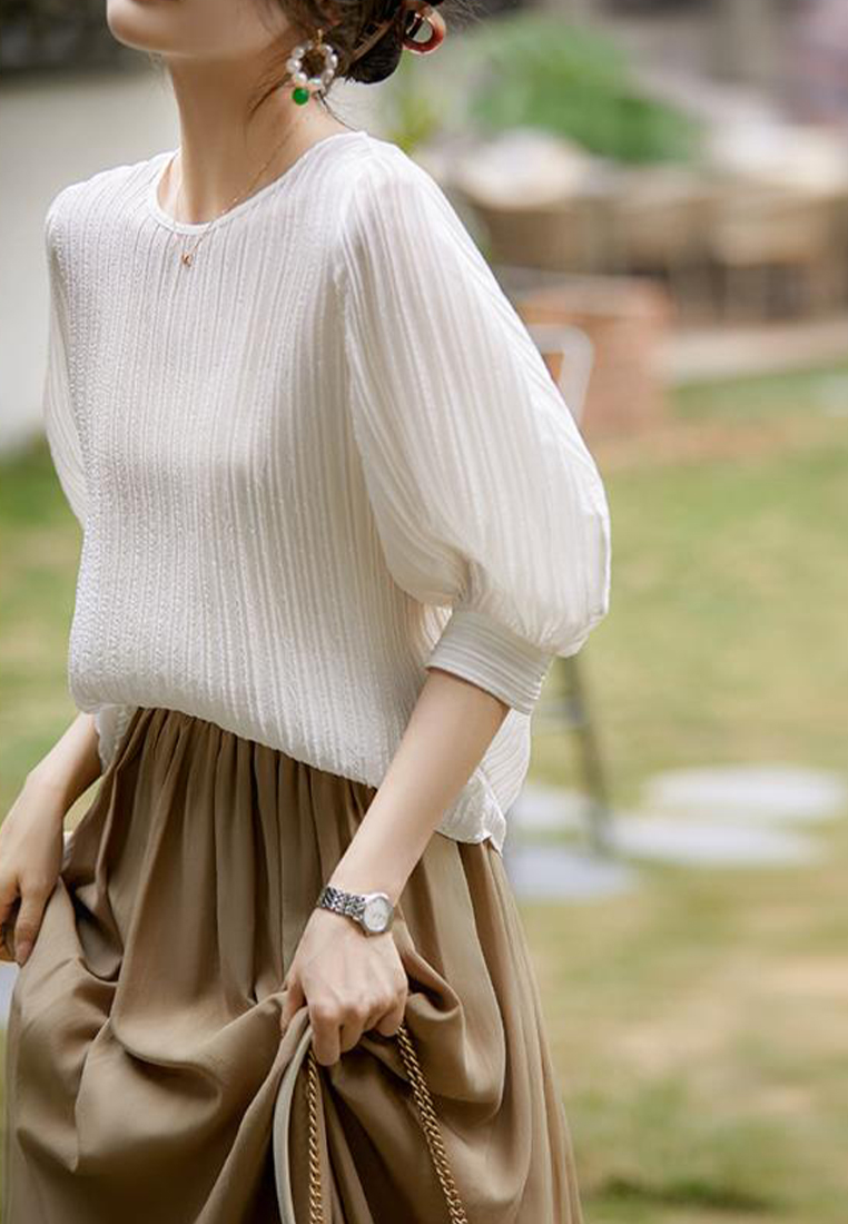 High end temperament pleated silk casual top CA090819