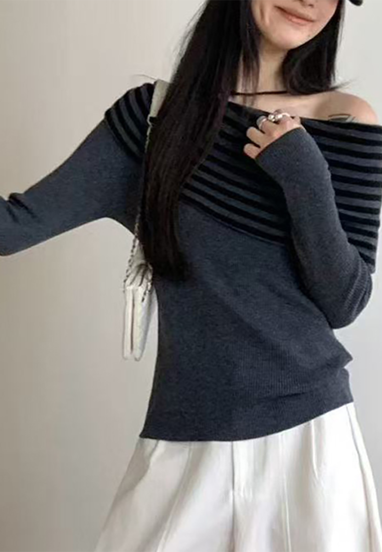 Autumn Striped Boat Neck Long Sleeve Knitted Sweater CA25091519BK