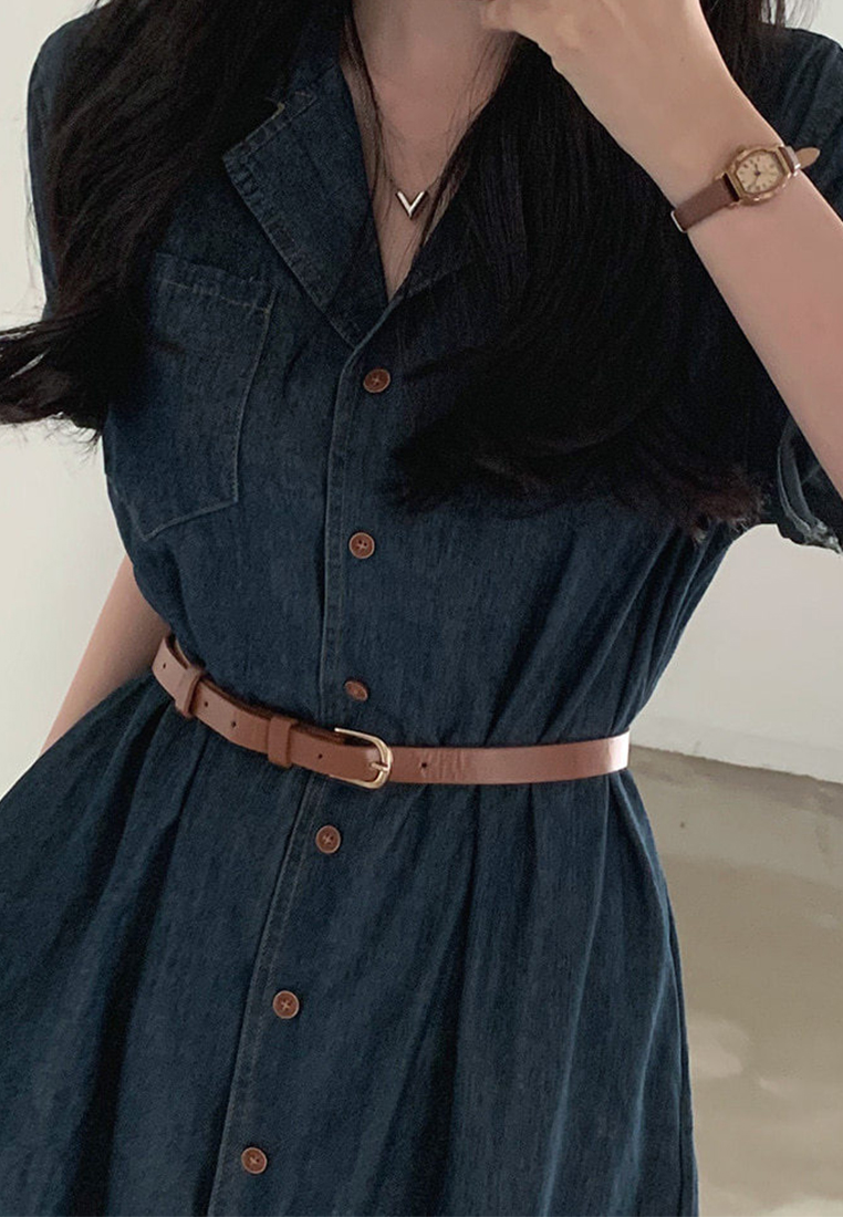 Retro style waist cinched short sleeved denim dress CA25032719LGBL