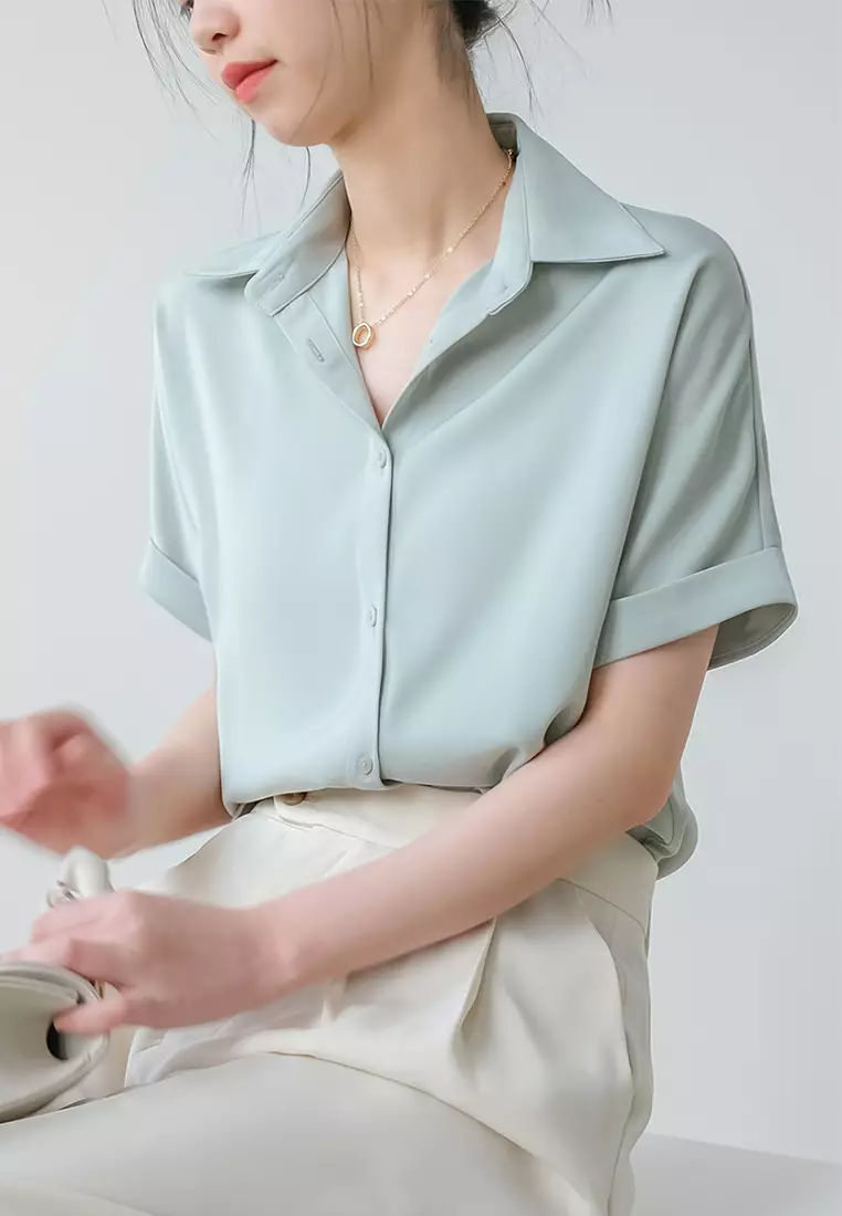 Summer Japanese thin satin drape short-sleeved shirt CA24032503W