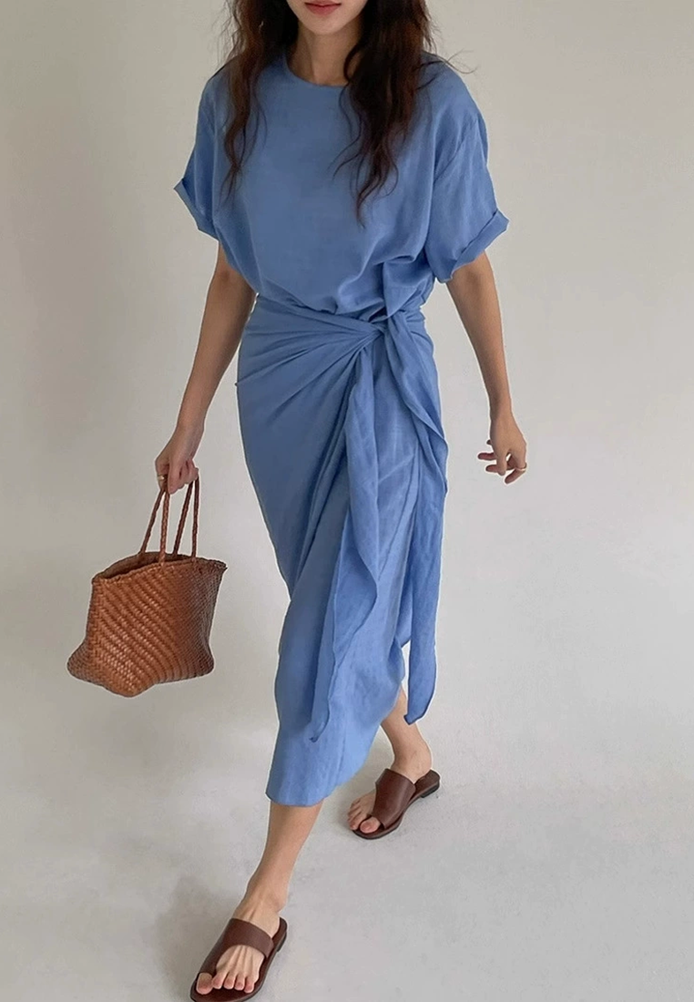 French retro tie waist casual dress CA25021314BL