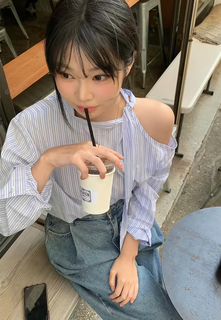 Korean chic early spring off-shoulder long-sleeved striped shirt with beveled laces CA25021310MT