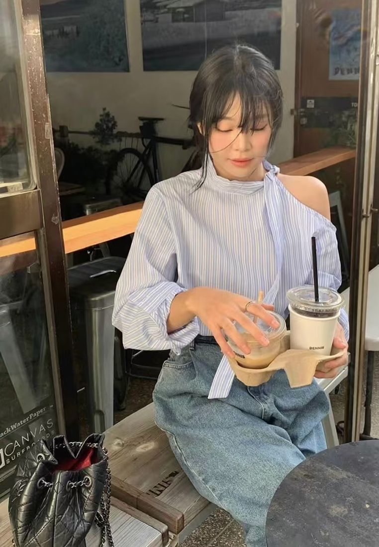Korean chic early spring off-shoulder long-sleeved striped shirt with beveled laces CA25021310MT