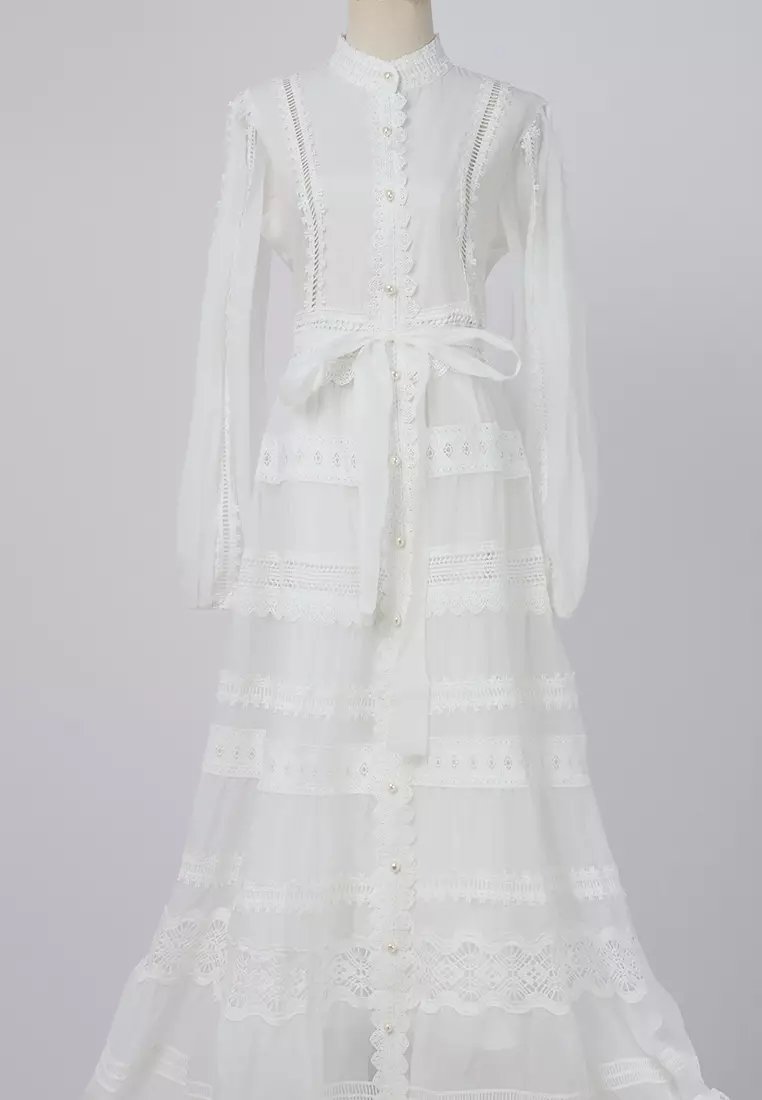 French style dress hollow lace splicing puff sleeve long dress K102206BW