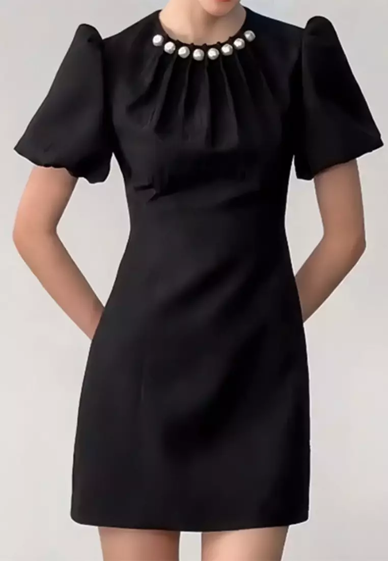 French elegant bubble sleeve black dress CA24102526BK