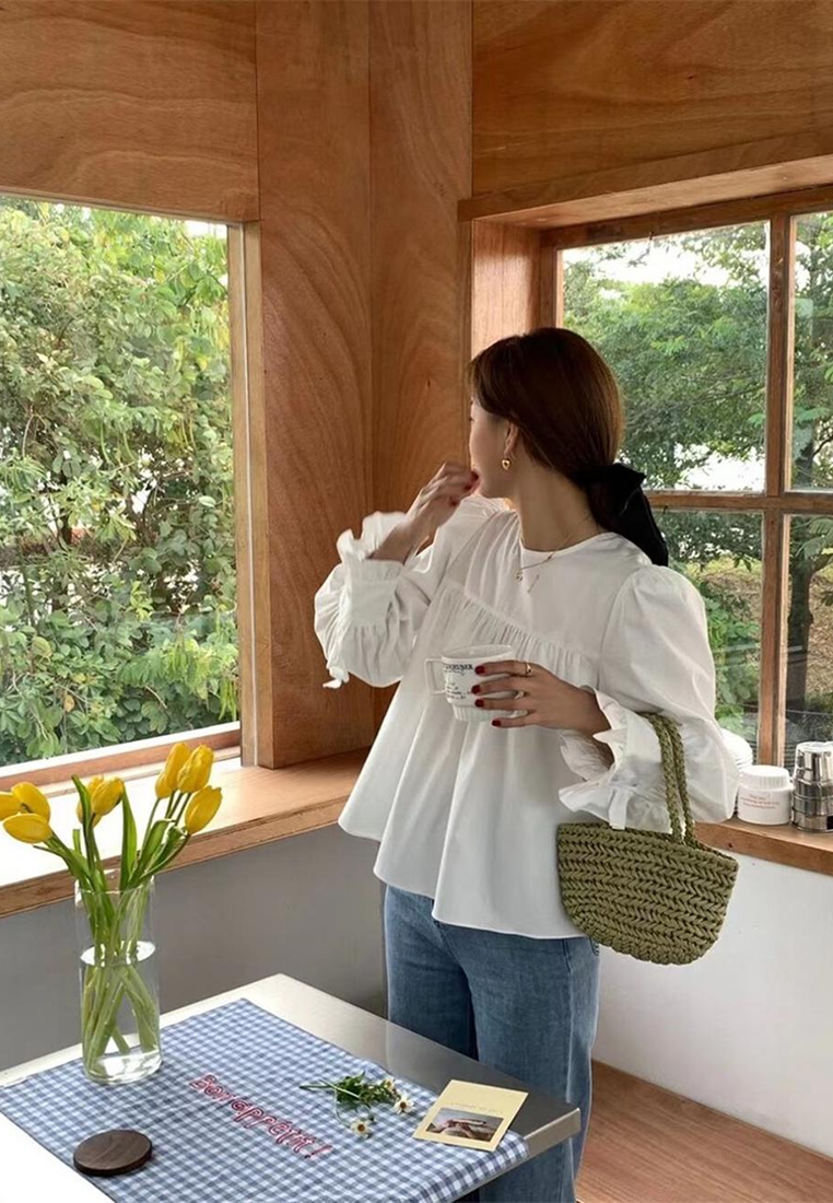 Spring French Round Neck Solid Color Long Sleeve Shirt CA25031101YE