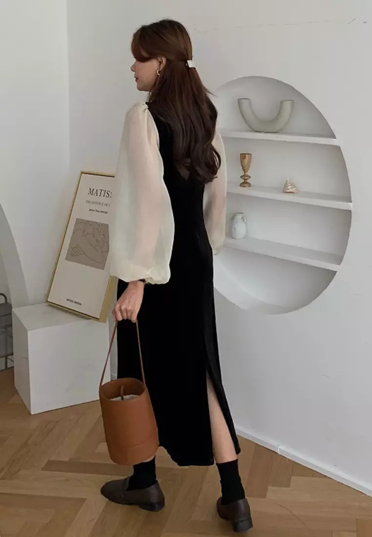 French lantern sleeve velvet waist cinched long sleeved dress CA24092716BK