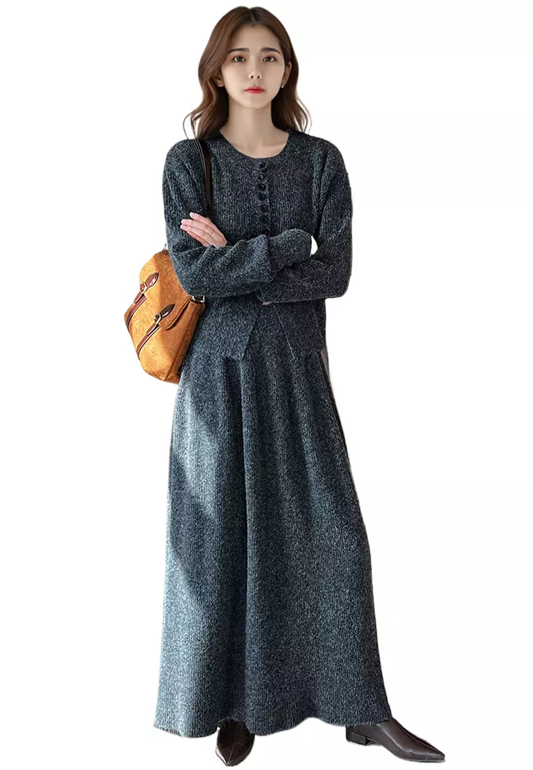 French round neck sweater cardigan skirt set CA24092356GY