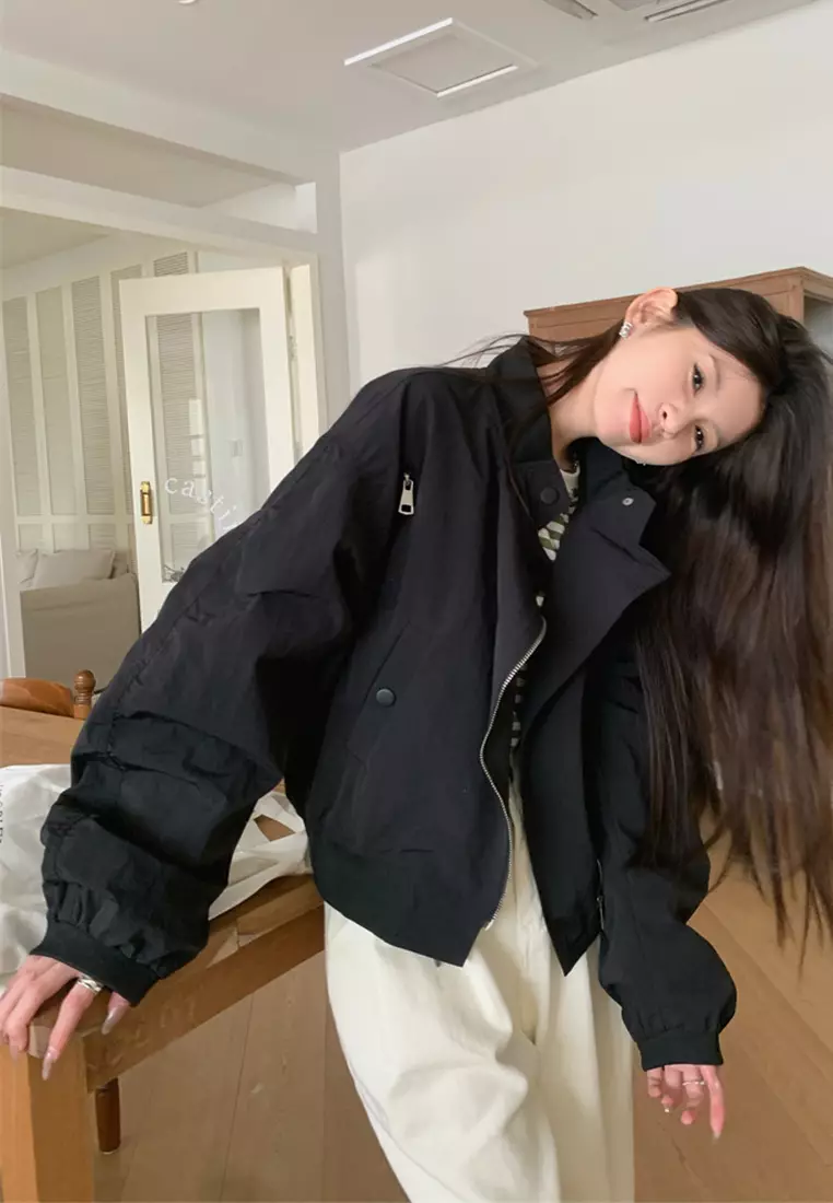 Stand up collar zipper solid color jacket CA24092327BK