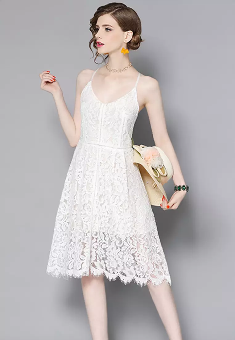6- Summer New White V  Neck Lace One  Piece Dress CA062891W-S